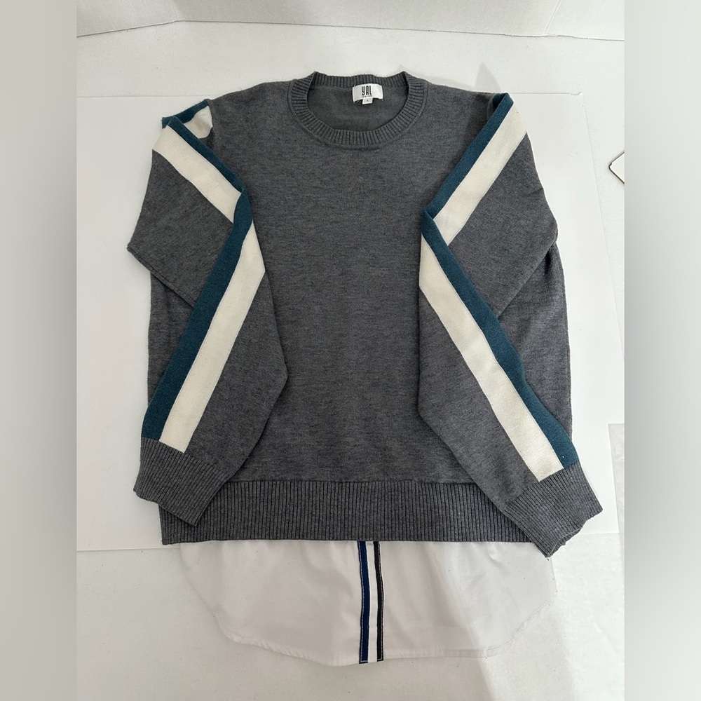 YAL New York Gray Stripe Sleeve Layered Faux Shirt Hem Sweater Size Large - Picture 4 of 7